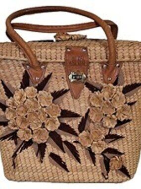 Vtg Floral Straw Summer Handbag